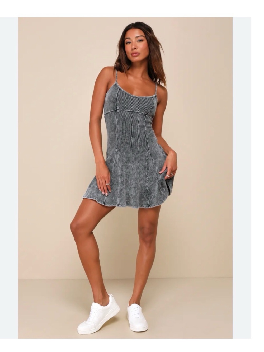 LULU'S Simply Pretty Washed Black Ribbed Pleated Sleeveless Mini Dress M Stretch